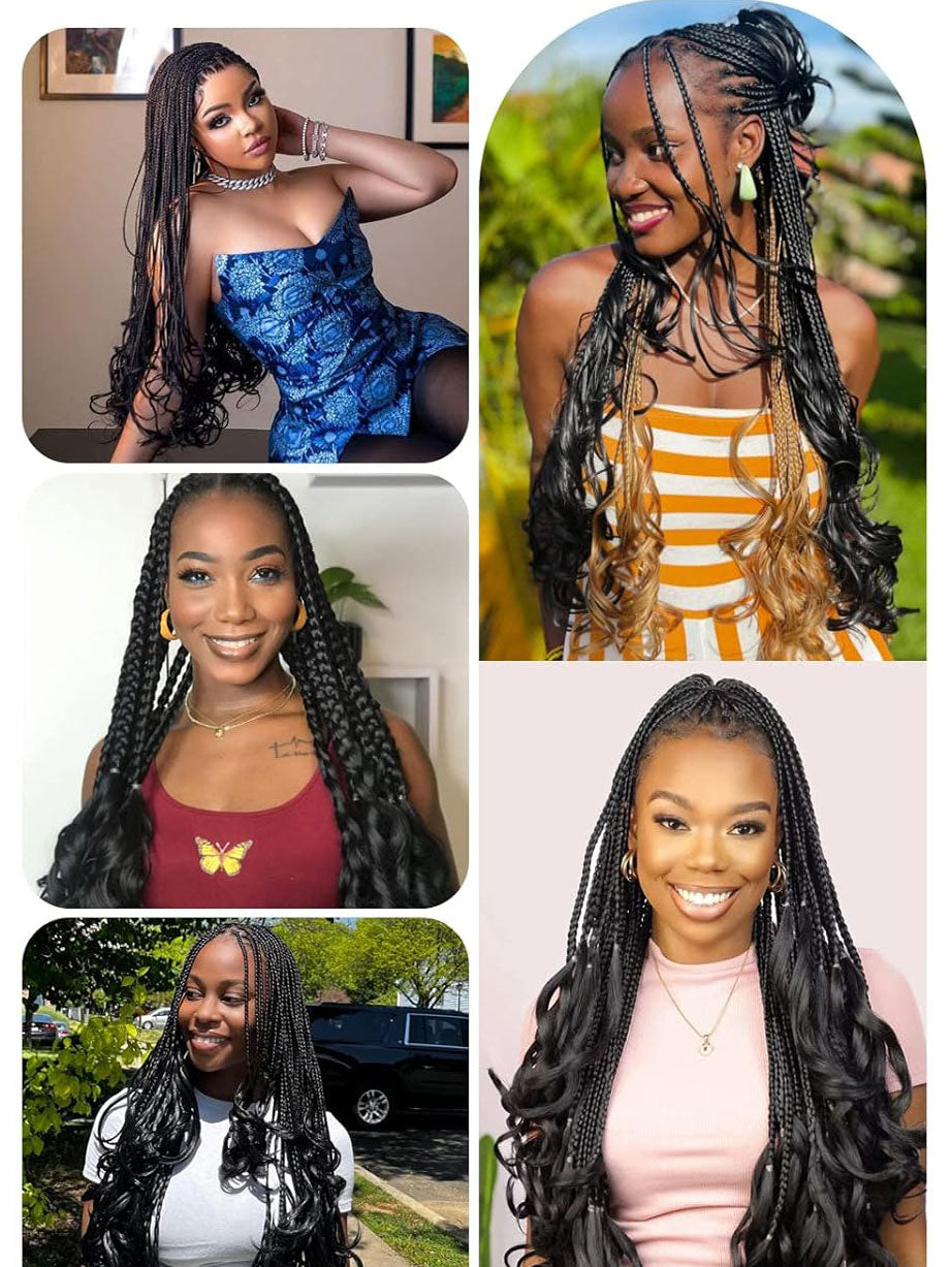 30" French Curl with Box Braid Wigs 13x7 HD Single Half 360 Full Lace Embroidery Goddess Braided Wigs